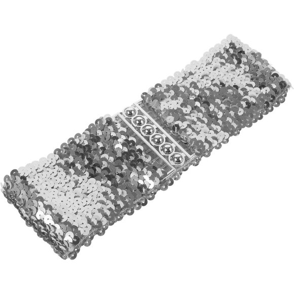 Women's Silver Sequin Belt for 70s 80s Party Costume Wide Waist Elastic Belt - Picture 9 of 9